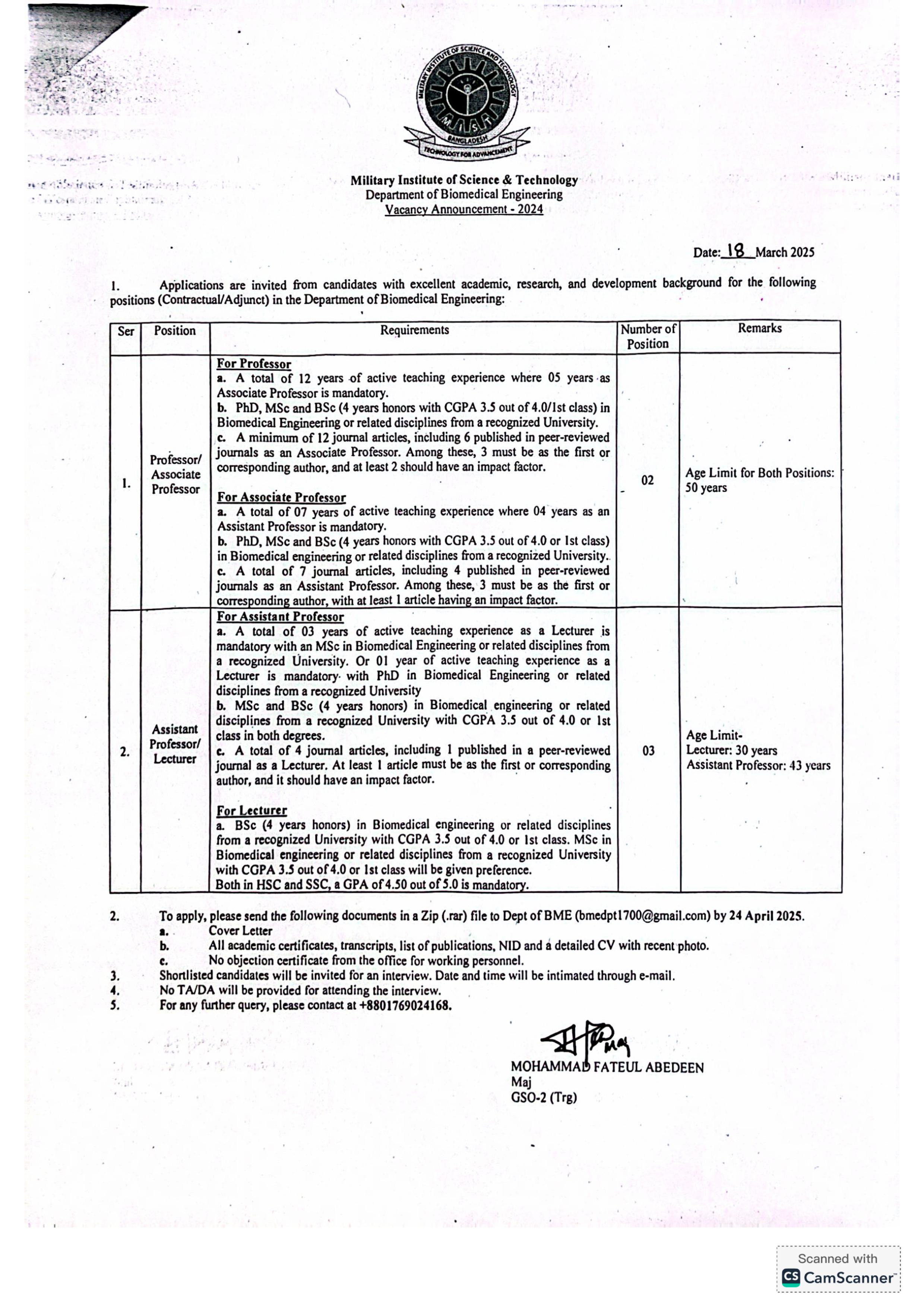 Circular for Professor/ Associate Professor/ Assistant professor/ Lecturer
